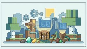 Профессиональная иллюстрация для блога о новых возможностях крафта в HypixLand Minecraft сервер 2026 года.