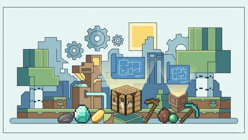 Профессиональная иллюстрация для блога о новых возможностях крафта в HypixLand Minecraft сервер 2026 года.