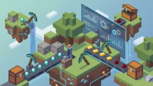 Профессиональная иллюстрация для блога о HypixLand, эффективной добыче ресурсов в Minecraft.